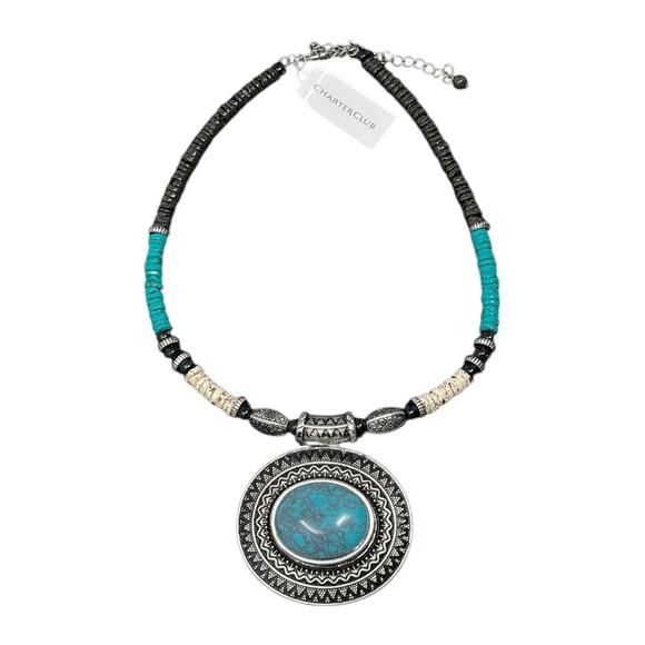 NEW Charter Club Turquoise Medallion Beaded Statement Pendant Necklace NWT - Picture 4 of 5